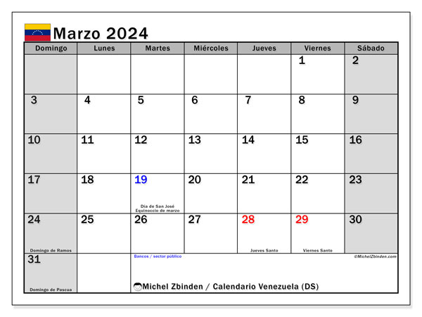 Calendário Março 2024, Venezuela (ES). Programa gratuito para impressão.