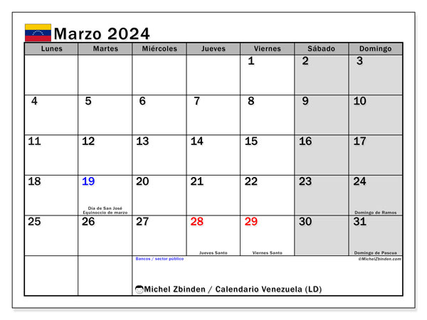 Calendário Março 2024 “Venezuela”. Horário gratuito para impressão.. Segunda a domingo