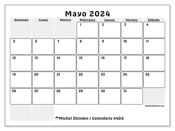 Calendario mayo 2024 “44”. Horario para imprimir gratis.. De domingo a sábado