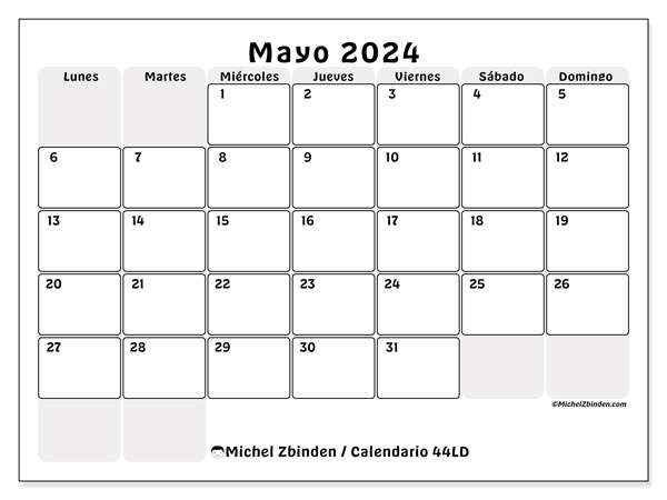Calendario mayo 2024 “44”. Horario para imprimir gratis.. De lunes a domingo