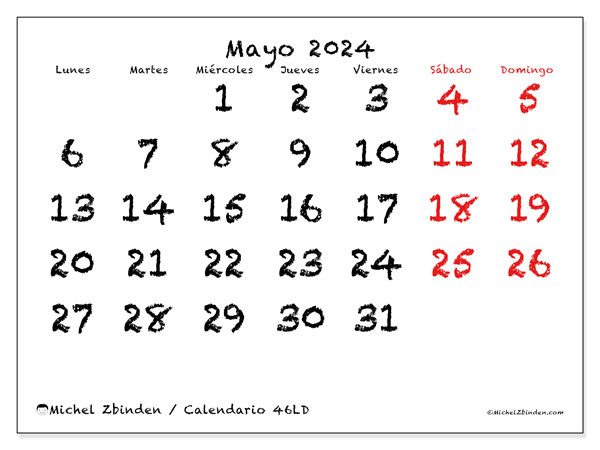 Calendario mayo 2024, 46LD. Horario para imprimir gratis.
