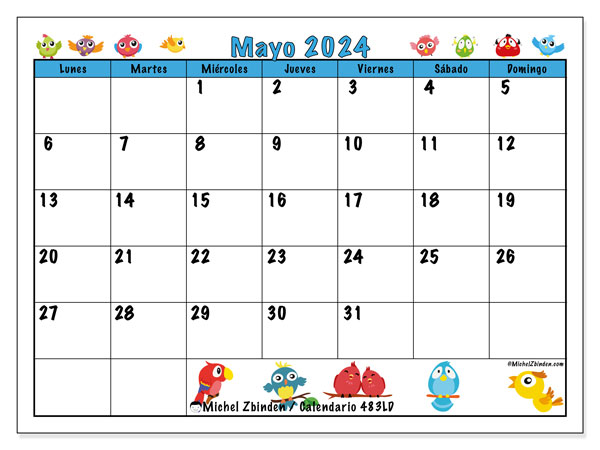 Calendario mayo 2024 “483”. Calendario para imprimir gratis.. De lunes a domingo