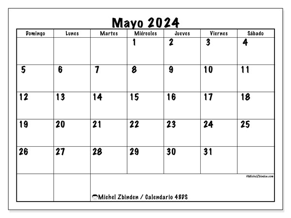Calendario mayo 2024 “48”. Horario para imprimir gratis.. De domingo a sábado