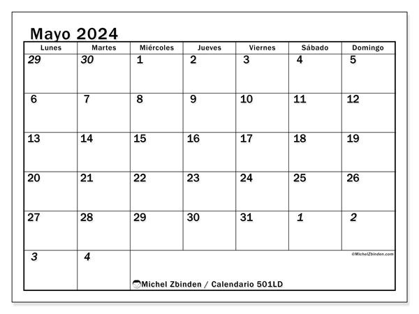 Calendario mayo 2024 “501”. Horario para imprimir gratis.. De lunes a domingo