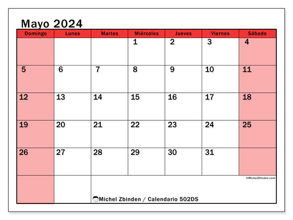 Calendario mayo 2024 “502”. Horario para imprimir gratis.. De domingo a sábado