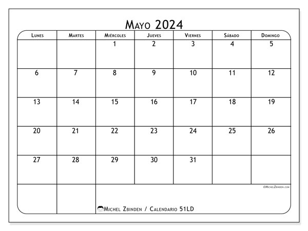 Calendario mayo 2024 “51”. Horario para imprimir gratis.. De lunes a domingo