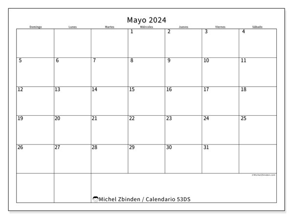 Calendario mayo 2024 “53”. Programa para imprimir gratis.. De domingo a sábado