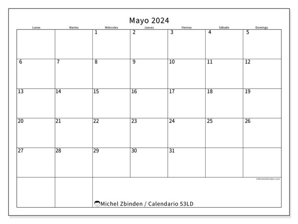 53LD, calendario de mayo de 2024, para su impresión, de forma gratuita.