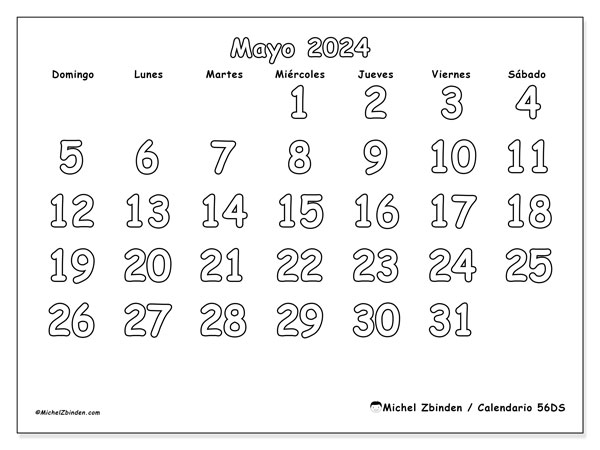 56DS, calendario de mayo de 2024, para su impresión, de forma gratuita.