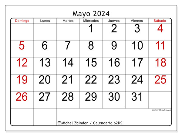 Calendario mayo 2024 “62”. Programa para imprimir gratis.. De domingo a sábado
