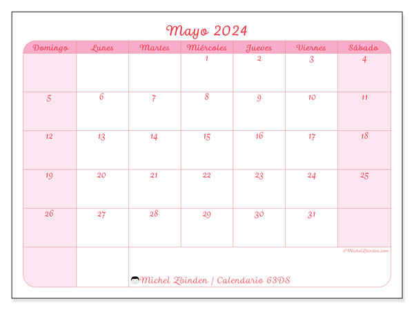 Calendario mayo 2024 “63”. Horario para imprimir gratis.. De domingo a sábado