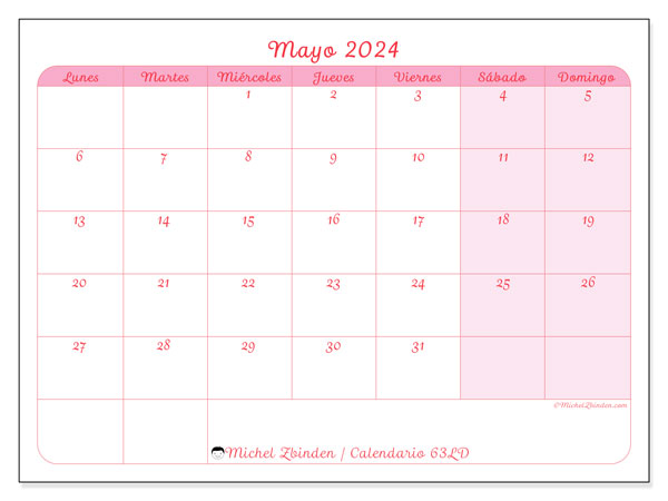 Calendario mayo 2024 “63”. Horario para imprimir gratis.. De lunes a domingo