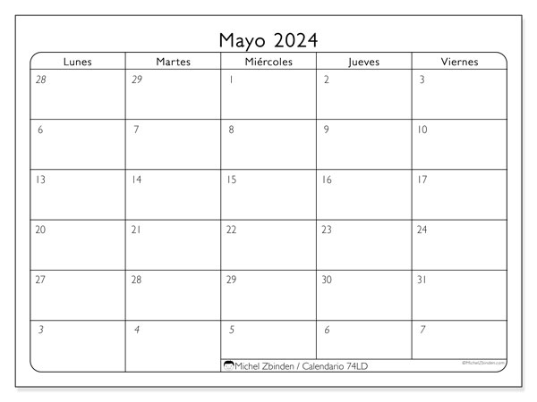 Calendario para imprimir, mayo 2024, 74LD