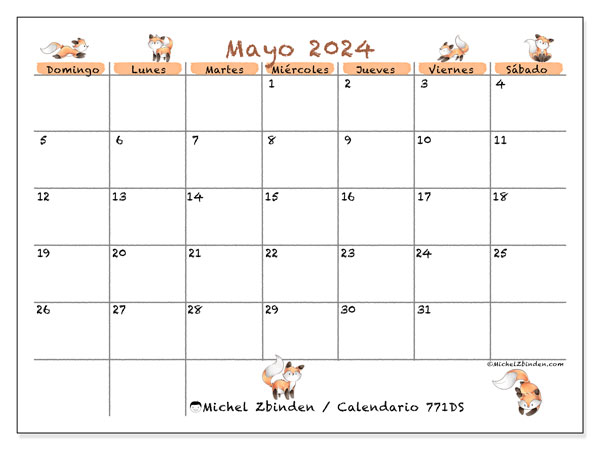 Calendario mayo 2024 “771”. Horario para imprimir gratis.. De domingo a sábado