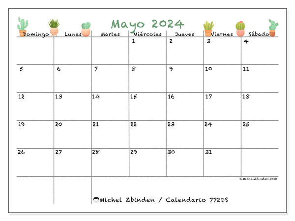 Calendario mayo 2024 “772”. Diario para imprimir gratis.. De domingo a sábado