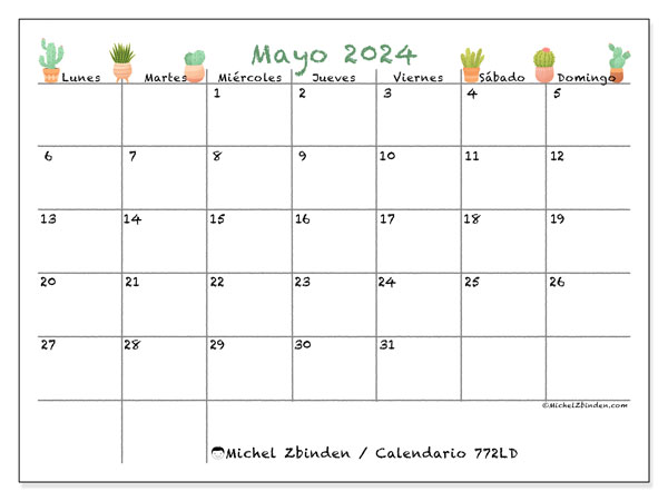 Calendario mayo 2024 “772”. Diario para imprimir gratis.. De lunes a domingo