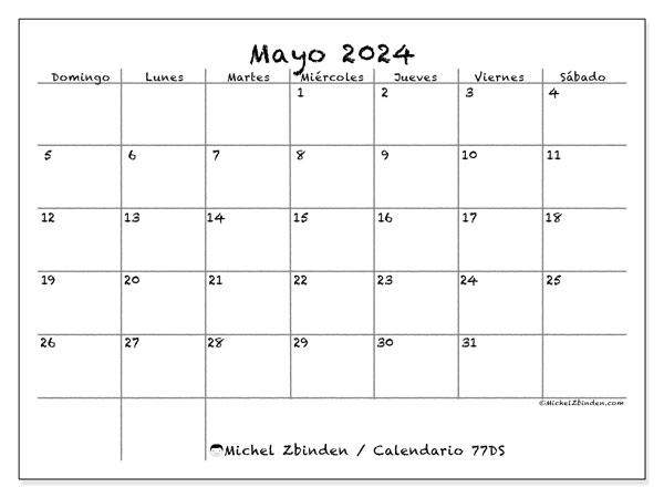 Calendario mayo 2024 “77”. Calendario para imprimir gratis.. De domingo a sábado