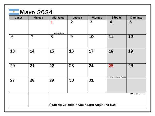 Calendario maggio 2024 “Argentina”. Piano da stampare gratuito.. Da lunedì a domenica