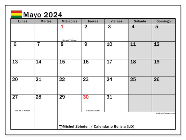 Calendario maggio 2024 “Bolivia”. Calendario da stampare gratuito.. Da lunedì a domenica