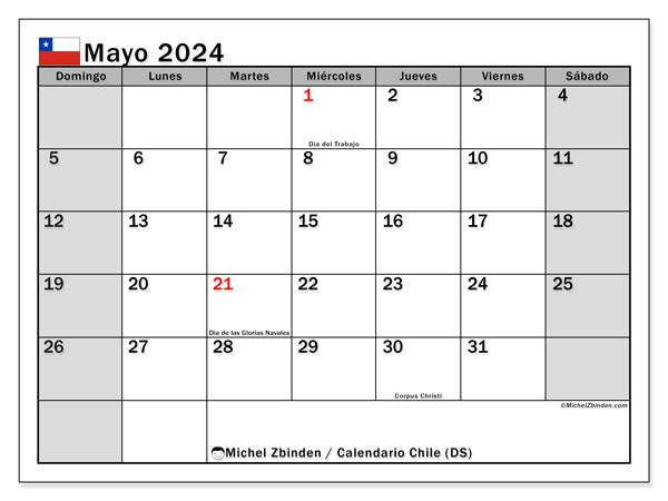 Calendario maggio 2024 “Cile”. Piano da stampare gratuito.. Da domenica a sabato