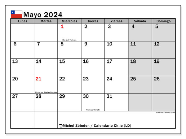 Calendario maggio 2024 “Cile”. Piano da stampare gratuito.. Da lunedì a domenica