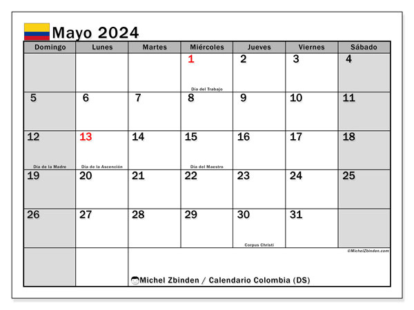 Kalender Mai 2024, Kolumbien (ES). Programm zum Ausdrucken kostenlos.