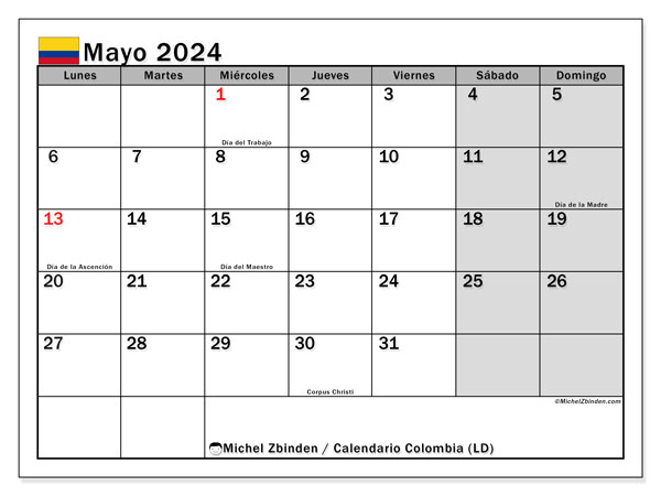 Calendario mayo 2024 “Colombia”. Horario para imprimir gratis.. De lunes a domingo