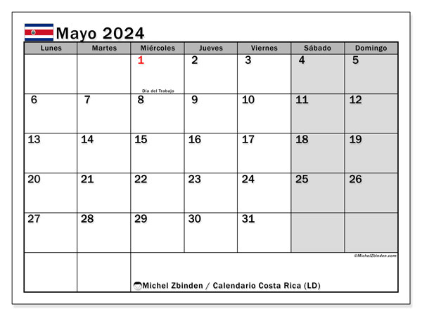 Calendario maggio 2024 “Costa Rica”. Calendario da stampare gratuito.. Da lunedì a domenica