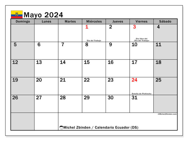 Calendario mayo 2024 “Ecuador”. Horario para imprimir gratis.. De domingo a sábado
