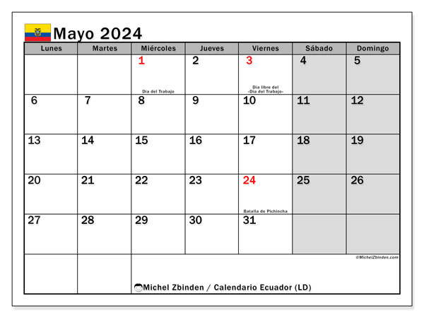 Calendario mayo 2024 “Ecuador”. Horario para imprimir gratis.. De lunes a domingo