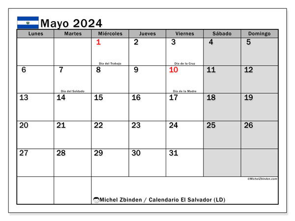 Calendario maggio 2024 “El Salvador”. Piano da stampare gratuito.. Da lunedì a domenica