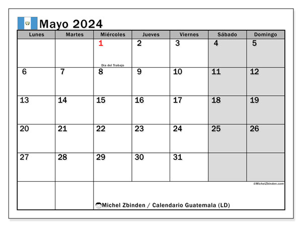 Calendario maggio 2024 “Guatemala”. Piano da stampare gratuito.. Da lunedì a domenica