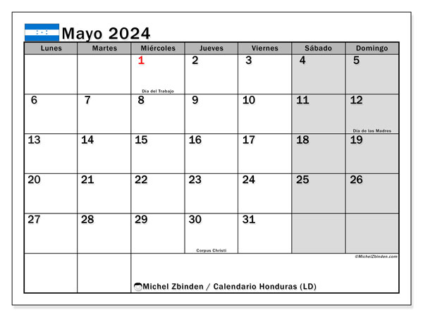 Calendario maggio 2024 “Honduras”. Calendario da stampare gratuito.. Da lunedì a domenica