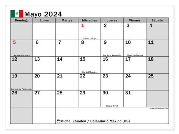 Calendario mayo 2024 “México”. Programa para imprimir gratis.. De domingo a sábado