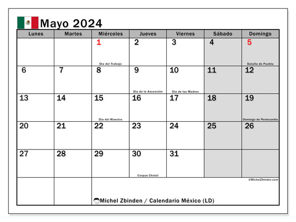 Calendario mayo 2024 “México”. Programa para imprimir gratis.. De lunes a domingo