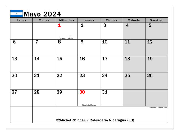 Calendario maggio 2024 “Nicaragua”. Calendario da stampare gratuito.. Da lunedì a domenica