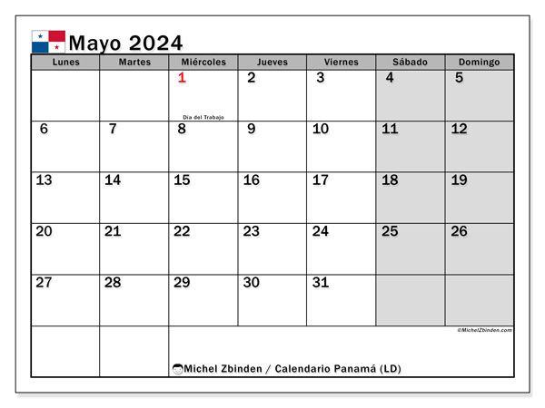 Calendario mayo 2024 “Panamá”. Horario para imprimir gratis.. De lunes a domingo