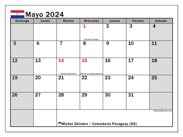 Calendario mayo 2024, Paraguay. Diario para imprimir gratis.