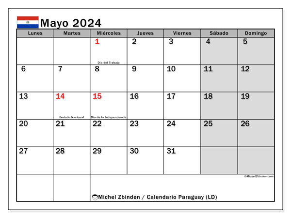 Paraguay (LD), calendario de mayo de 2024, para su impresión, de forma gratuita.