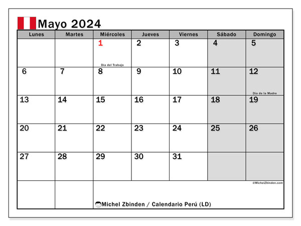 Calendario maggio 2024 “Perù”. Piano da stampare gratuito.. Da lunedì a domenica