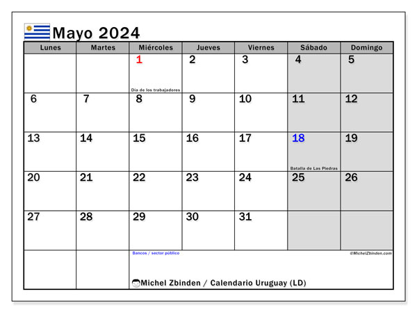 Calendario maggio 2024 “Uruguay”. Piano da stampare gratuito.. Da lunedì a domenica