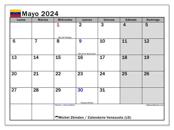 Calendario para imprimir, mayo 2024, Venezuela (LD)