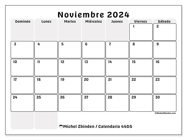 Calendario noviembre 2024 “44”. Calendario para imprimir gratis.. De domingo a sábado