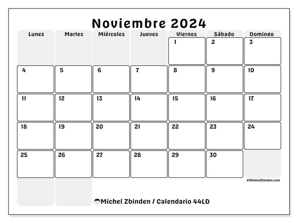 Calendario noviembre 2024 “44”. Calendario para imprimir gratis.. De lunes a domingo