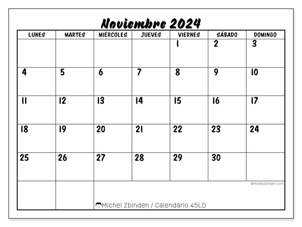 Calendario noviembre 2024, 45DS. Programa para imprimir gratis.