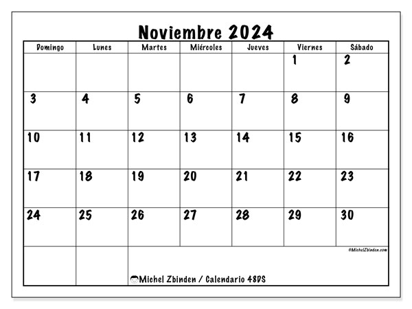 Calendario noviembre 2024, 48DS. Programa para imprimir gratis.