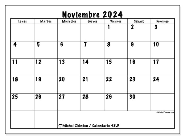 Calendario noviembre 2024, 48LD. Calendario para imprimir gratis.