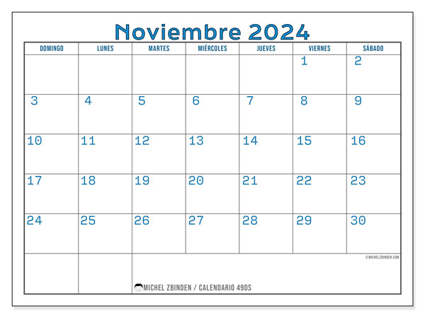 Calendario noviembre 2024 “49”. Horario para imprimir gratis.. De domingo a sábado
