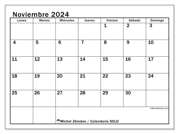 Calendario noviembre 2024 “50”. Diario para imprimir gratis.. De lunes a domingo