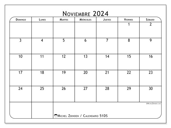 Calendario noviembre 2024 “51”. Calendario para imprimir gratis.. De domingo a sábado